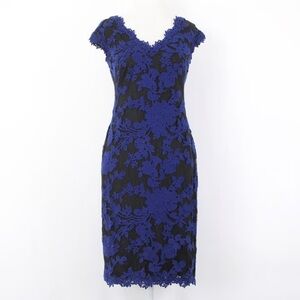Tadashi Shoji Embroidered Royal Blue Lace V-Neck Sheath Dress Size 12